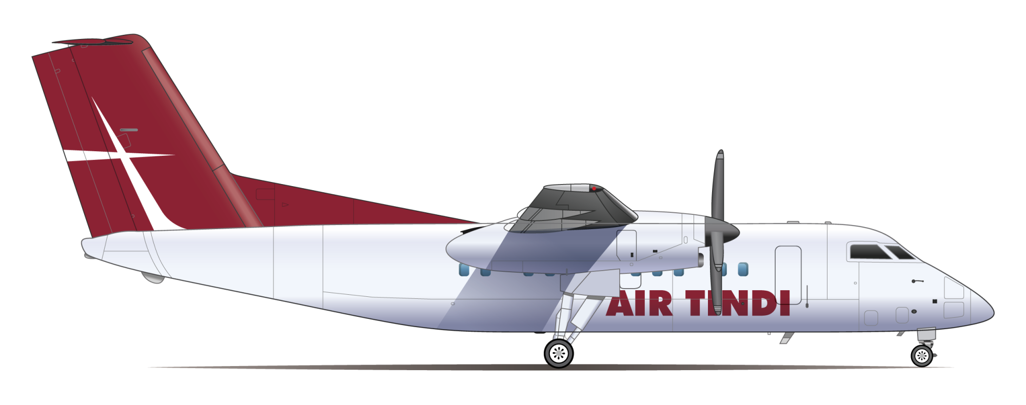 A side view illustration of a white and red propeller airplane with AIR TINDI written on the fuselage, featuring a high wing design and a red tail with a white stripe on a plain background.