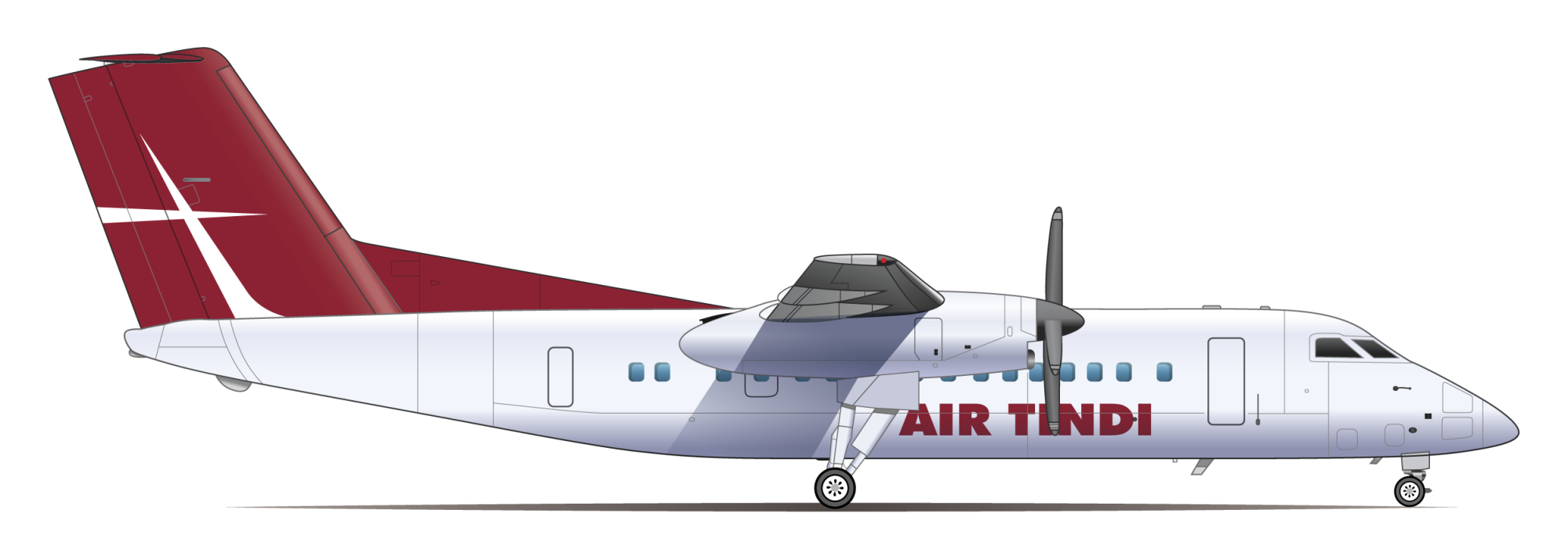 Side view illustration of an Air Tindi passenger turboprop airplane with a red tail, white fuselage, and AIR TINDI written in red on the side. The plane is shown on a white background.